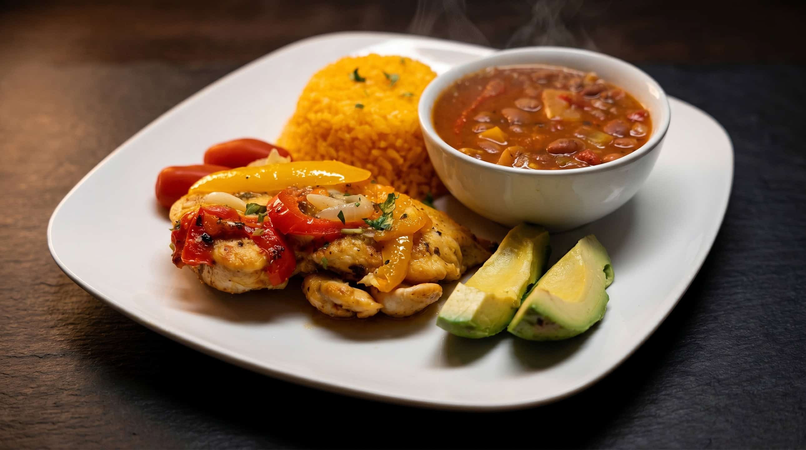 Steaming Puerto Rican chicken plate ready for delivery
