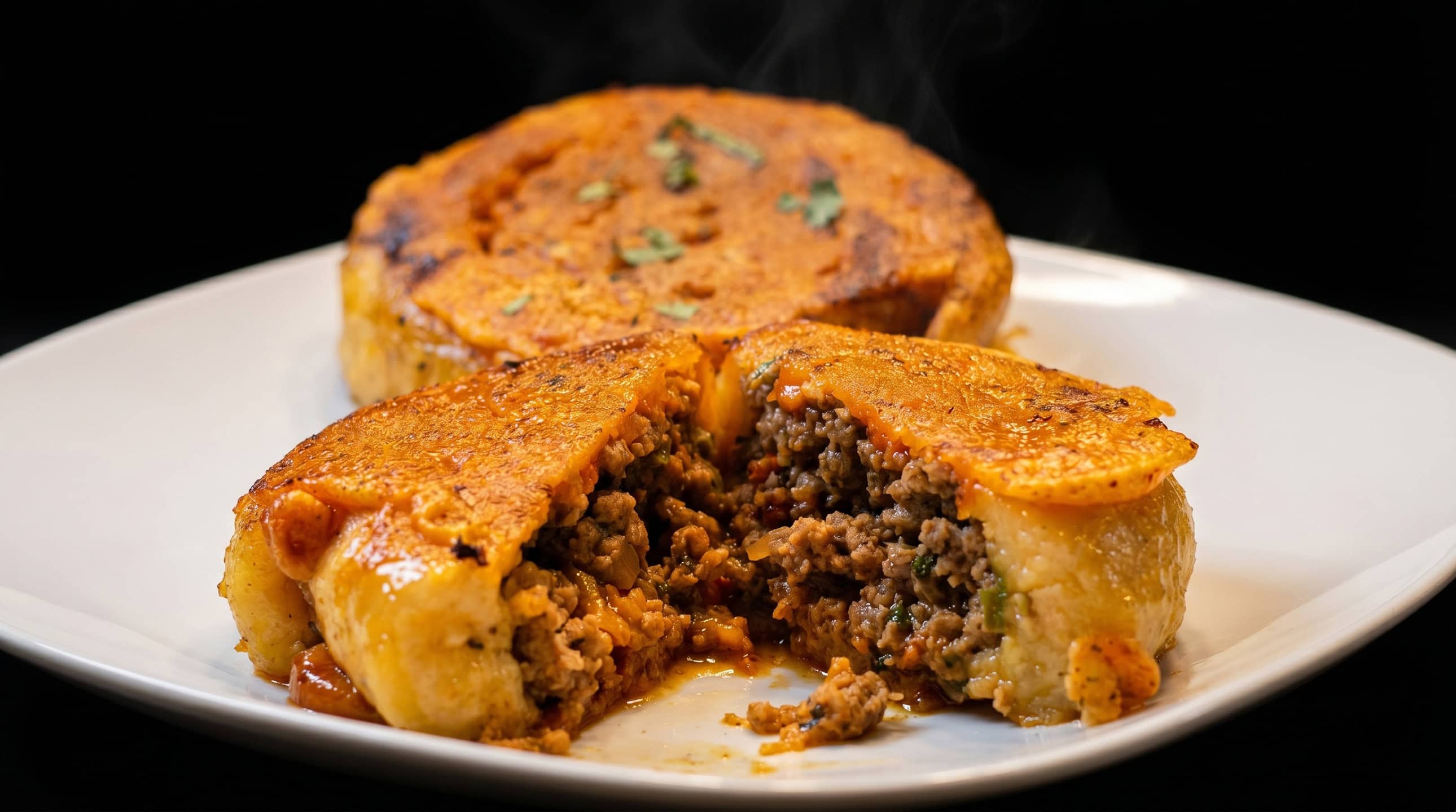 Sliced piononos showing seasoned beef inside sweet plantain